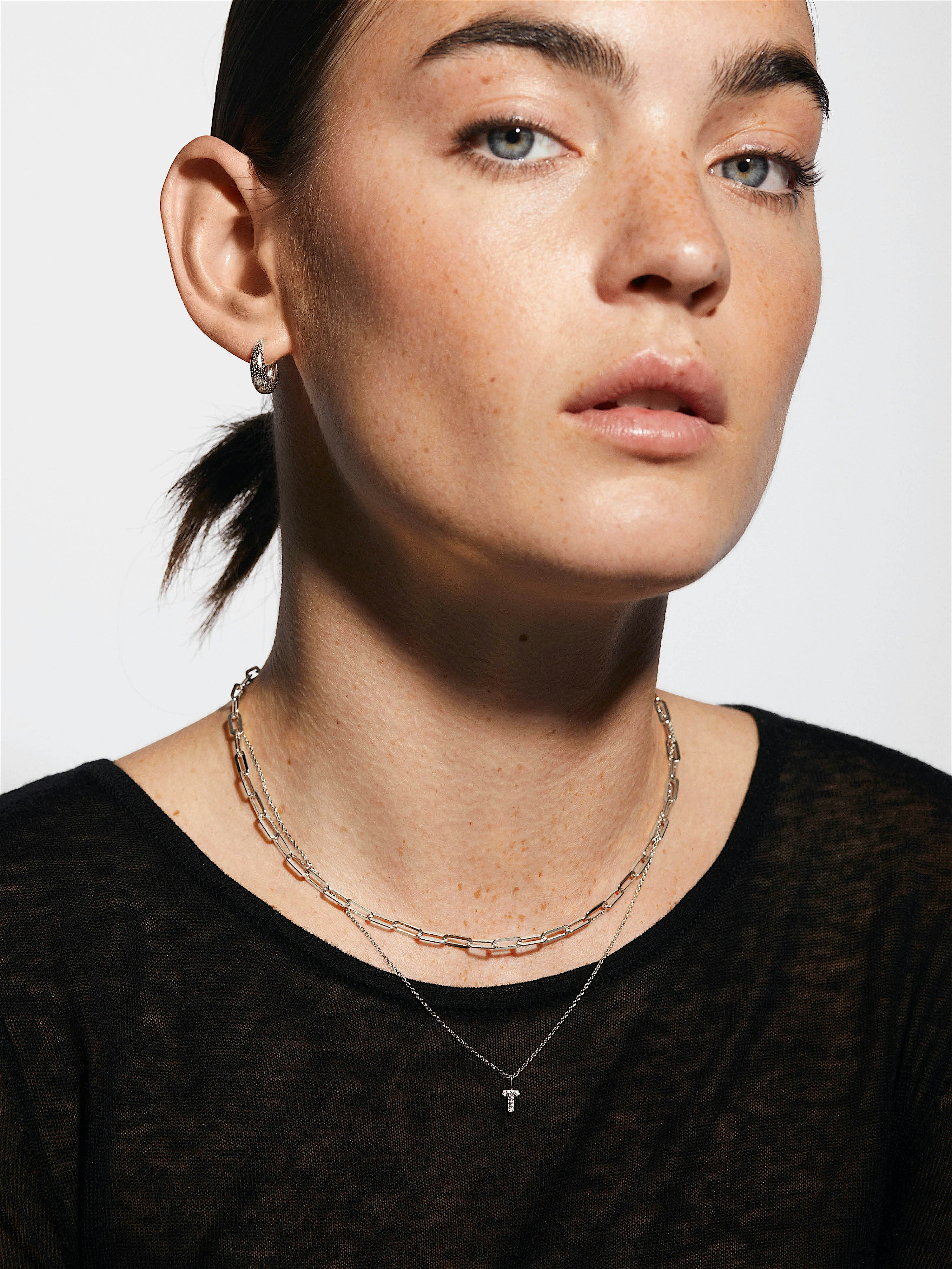 TATIANA☆[Silver925] Gleam Pebble Long Necklace Sterling Silver Chain w/ Stunning Sparkling Clear Gem